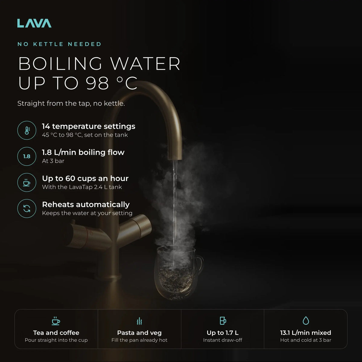 LavaTap brushed brass 3-in-1 swan neck boiling water tap: instant water up to 98 °C