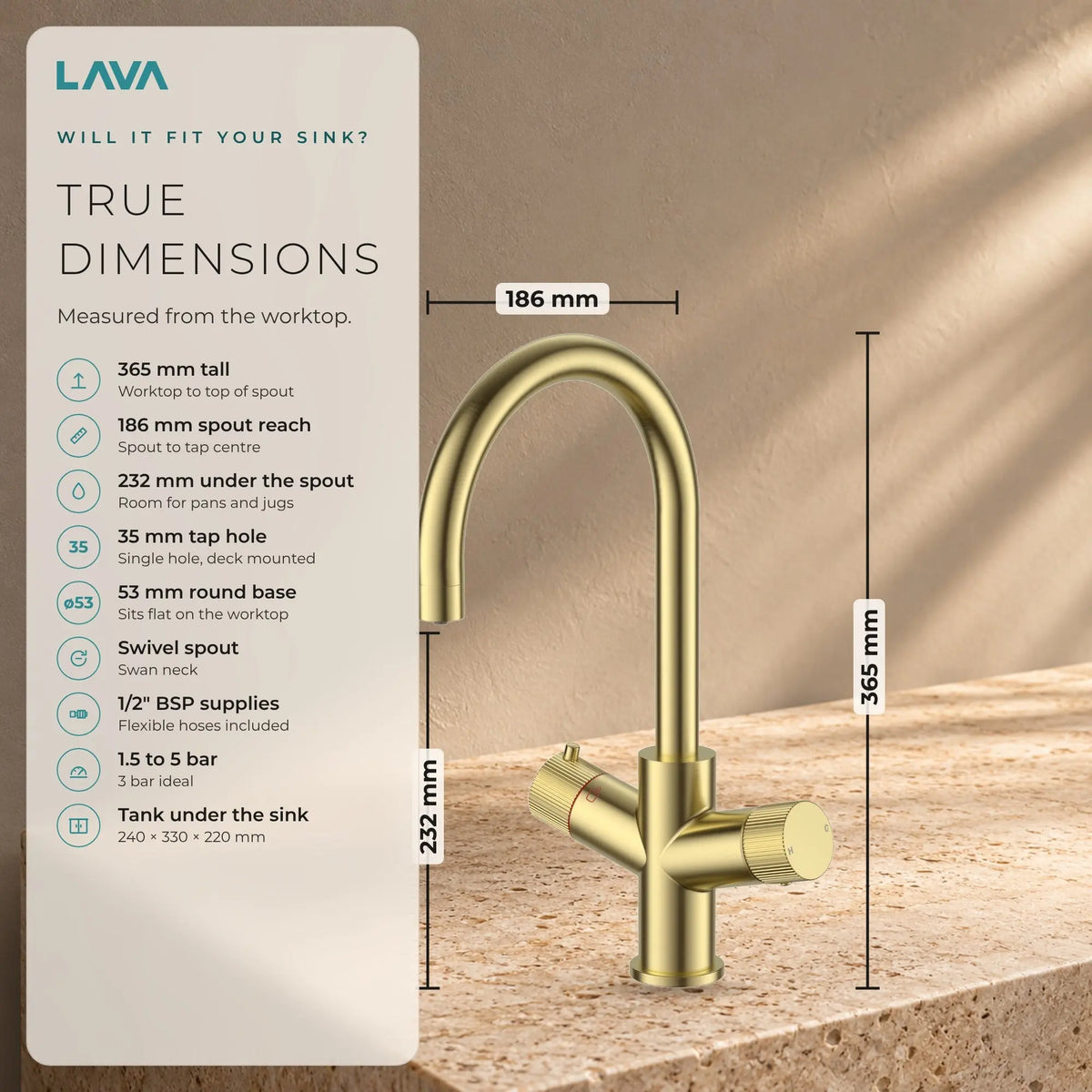 LavaTap brushed brass 3-in-1 swan neck boiling water tap: size and dimensions