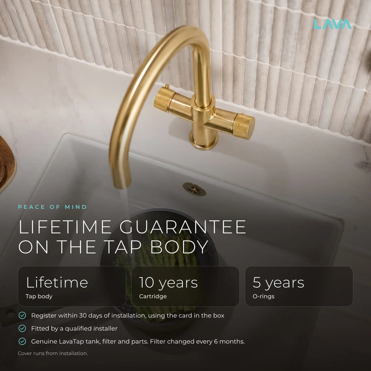 LavaTap brushed brass 3-in-1 swan neck boiling water tap: guarantee