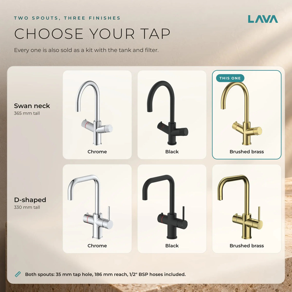 LavaTap brushed brass 3-in-1 swan neck boiling water tap: chrome, black and brushed brass finishes