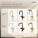LavaTap brushed brass 3-in-1 swan neck boiling water tap: chrome, black and brushed brass finishes