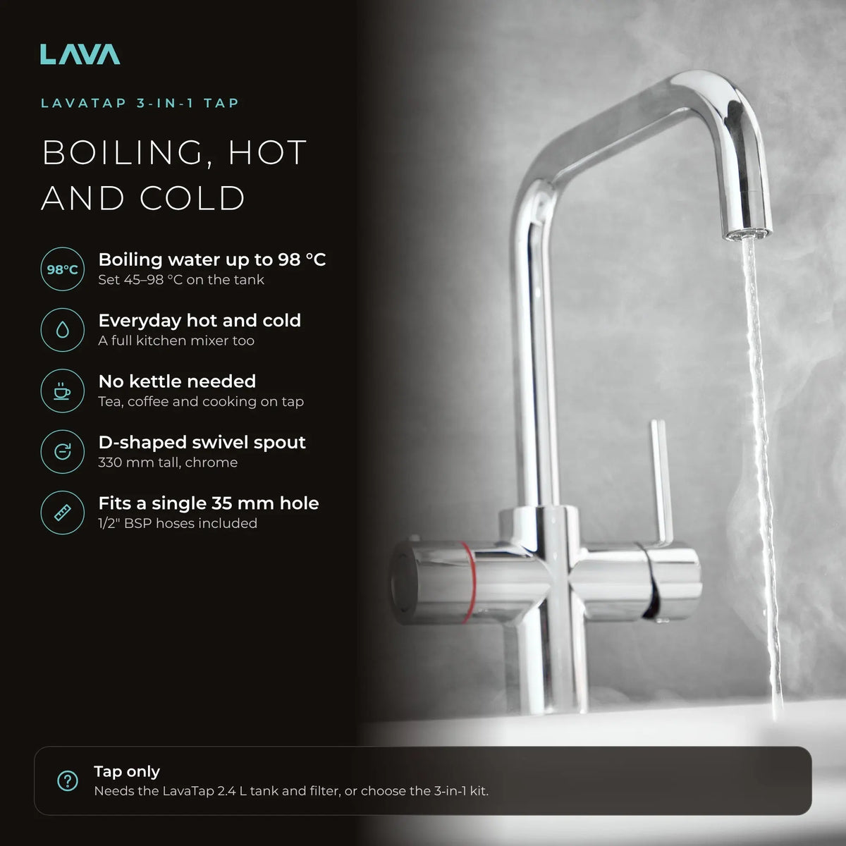 LavaTap chrome 3-in-1 D neck boiling water tap: boiling, hot and cold water from one tap