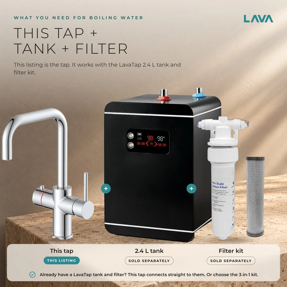 LavaTap chrome 3-in-1 D neck boiling water tap: what you need: tap plus tank and filter