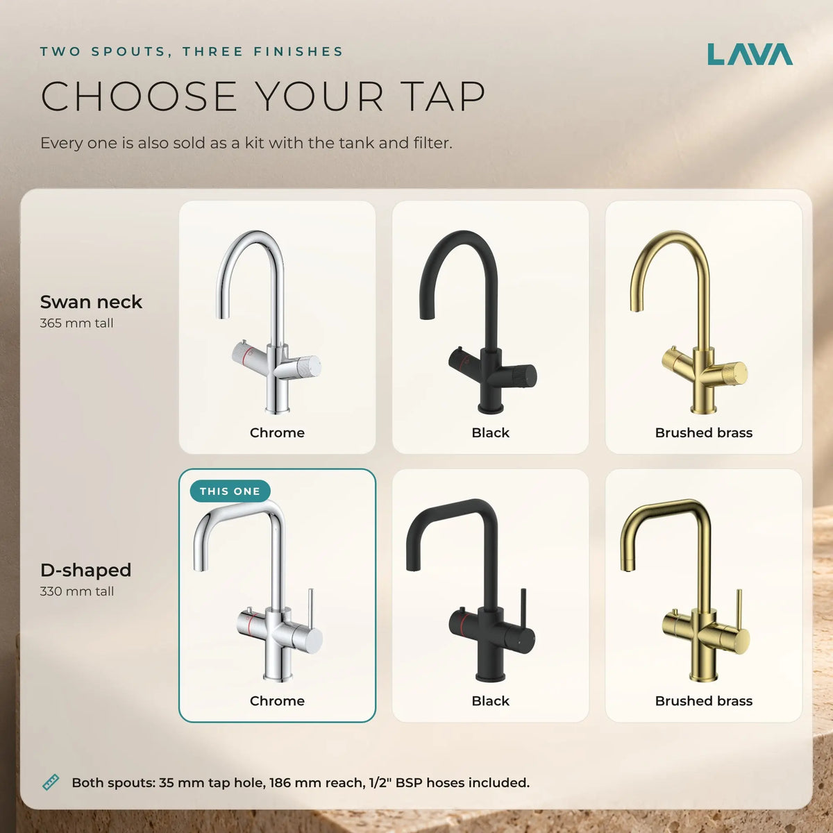 LavaTap chrome 3-in-1 D neck boiling water tap: chrome, black and brushed brass finishes