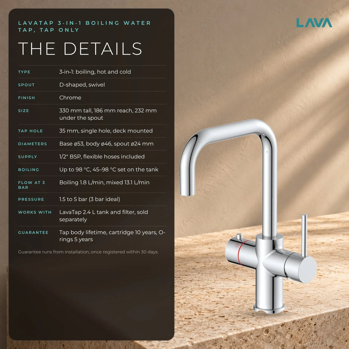 LavaTap chrome 3-in-1 D neck boiling water tap: specifications