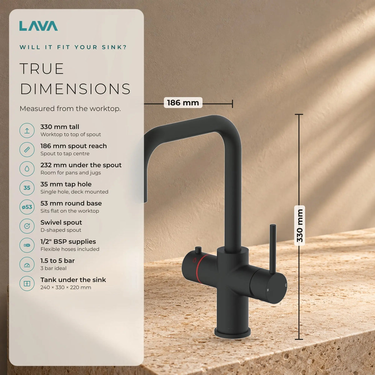 LavaTap black 3-in-1 D neck boiling water tap: size and dimensions