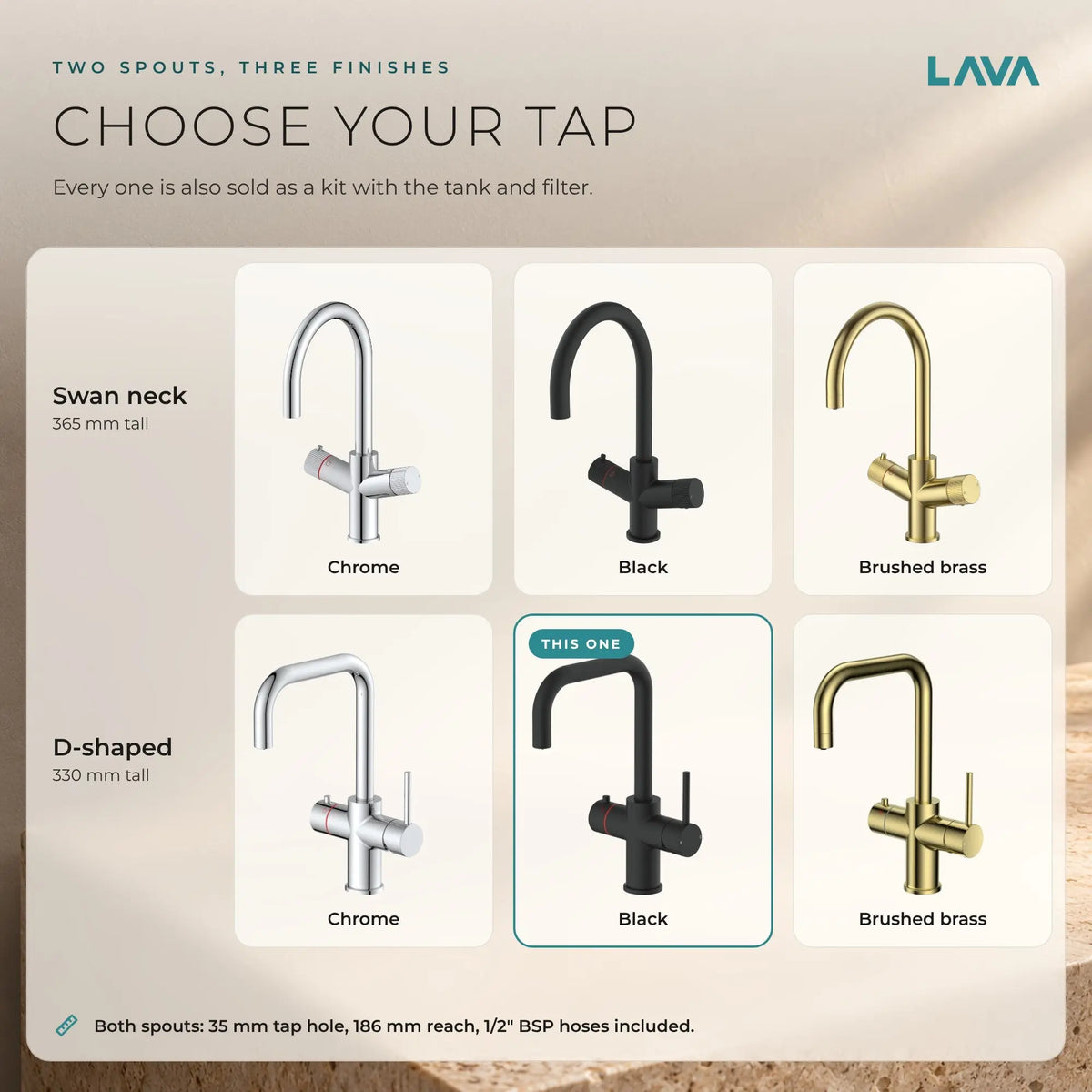 LavaTap black 3-in-1 D neck boiling water tap: chrome, black and brushed brass finishes