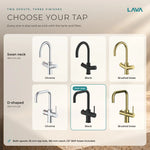 LavaTap black 3-in-1 D neck boiling water tap: chrome, black and brushed brass finishes