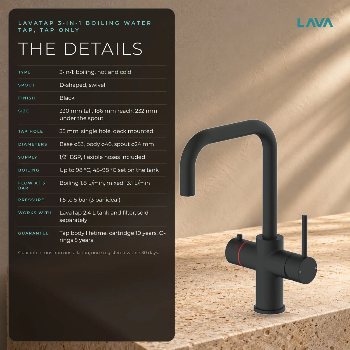 LavaTap black 3-in-1 D neck boiling water tap: specifications