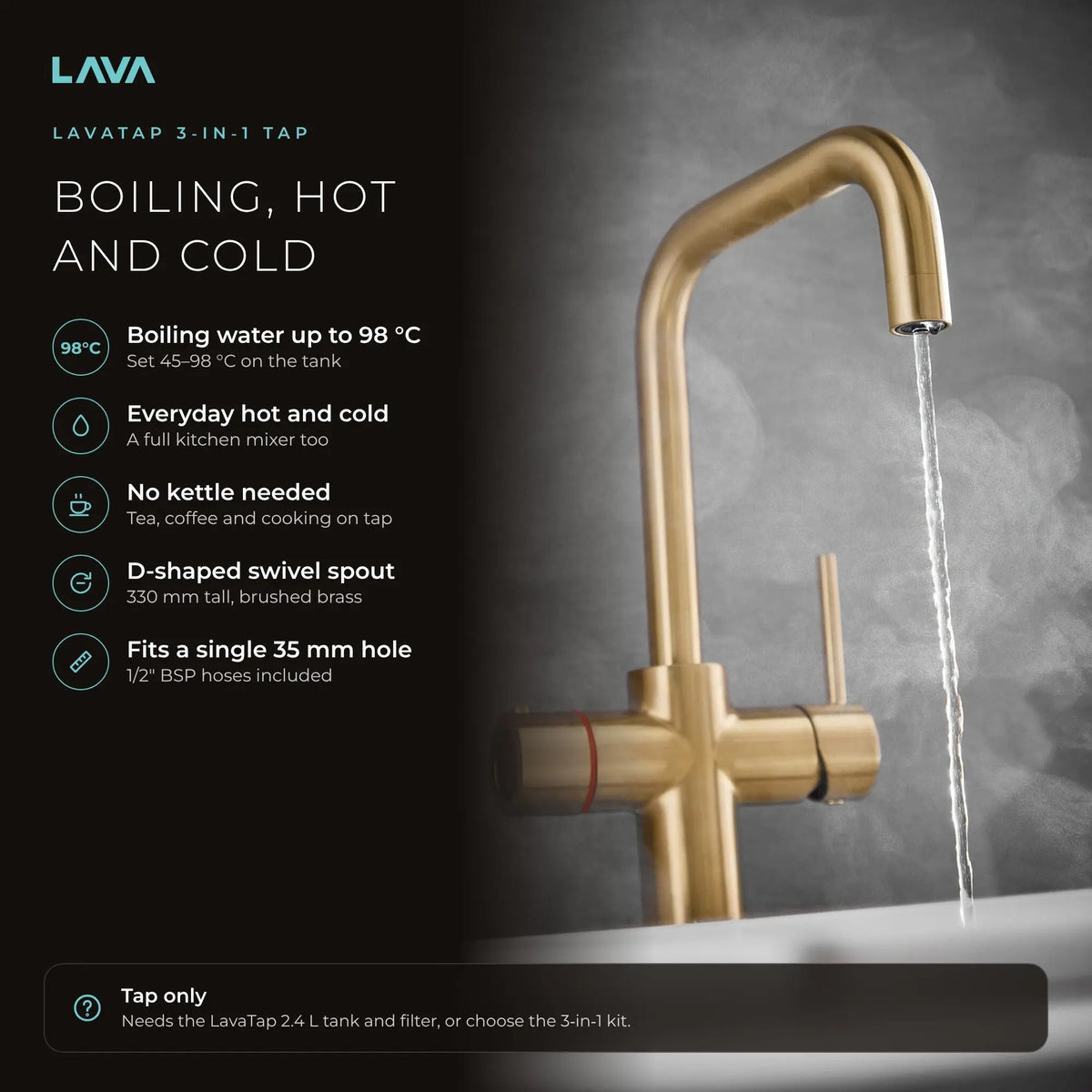 LavaTap brushed brass 3-in-1 D neck boiling water tap: boiling, hot and cold water from one tap
