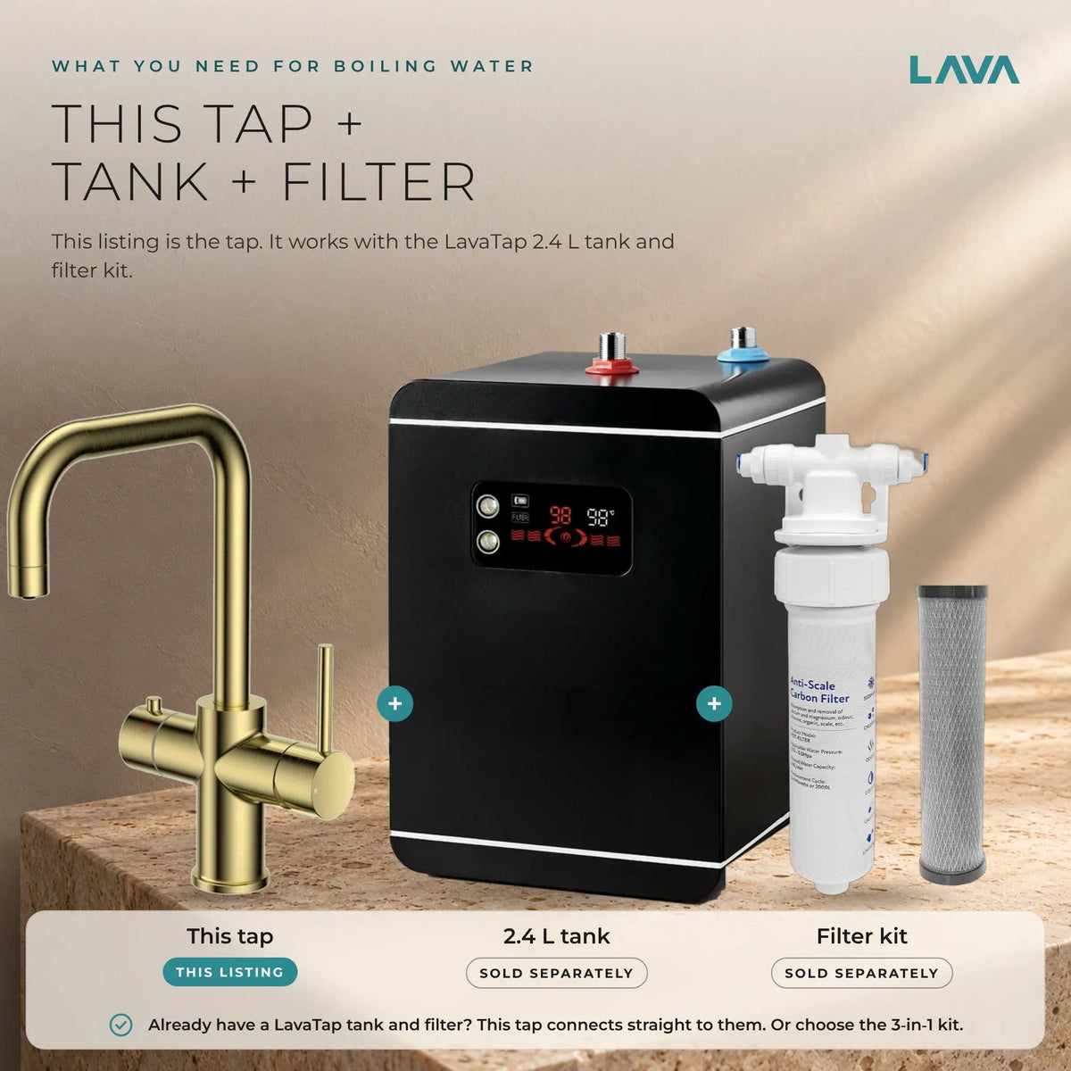 LavaTap brushed brass 3-in-1 D neck boiling water tap: what you need: tap plus tank and filter