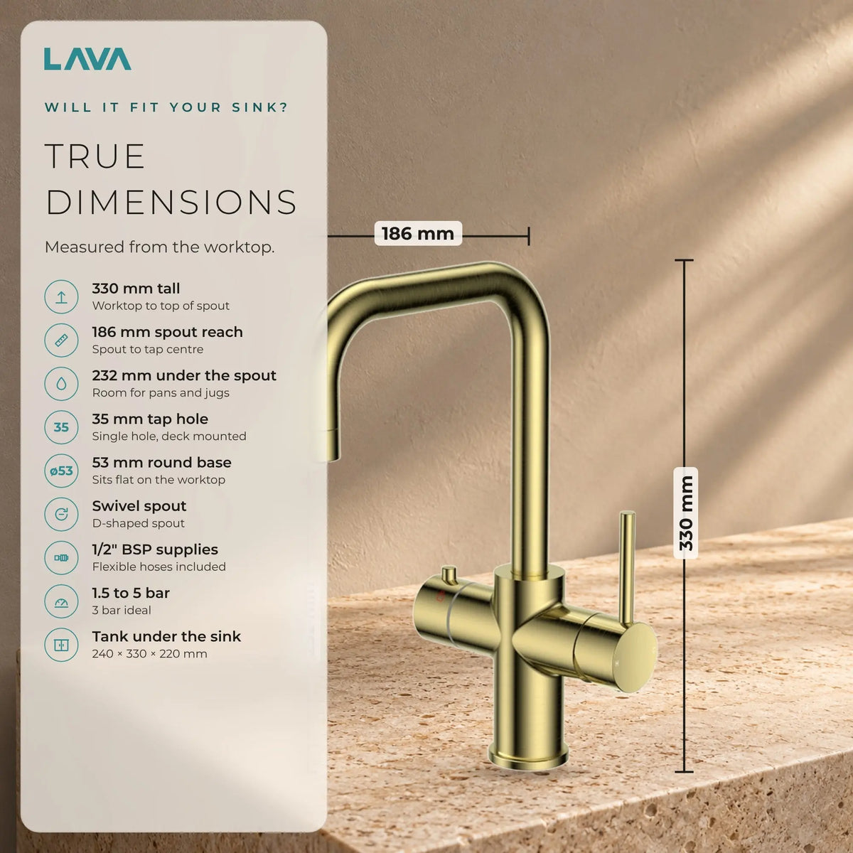 LavaTap brushed brass 3-in-1 D neck boiling water tap: size and dimensions