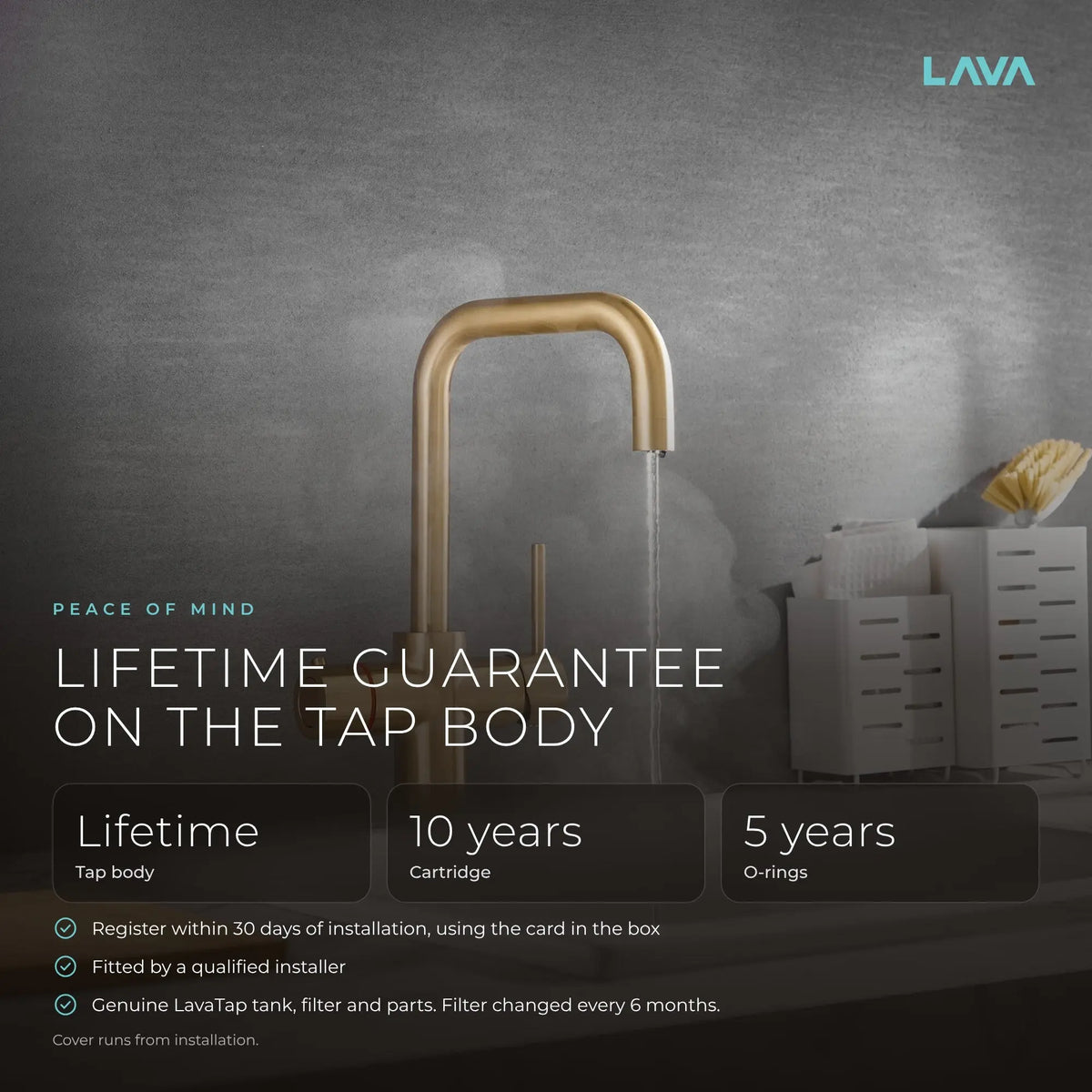 LavaTap brushed brass 3-in-1 D neck boiling water tap: guarantee