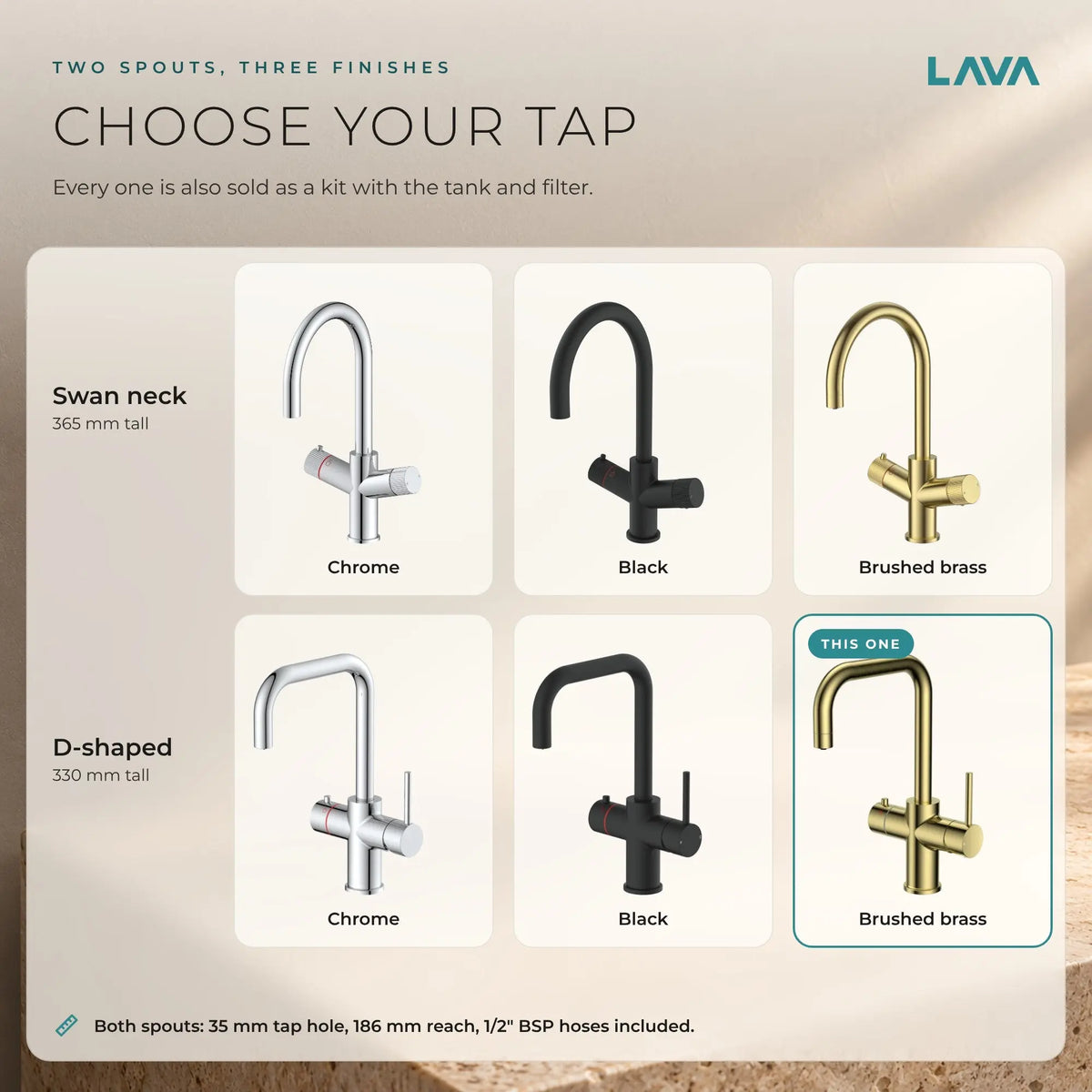 LavaTap brushed brass 3-in-1 D neck boiling water tap: chrome, black and brushed brass finishes