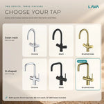 LavaTap brushed brass 3-in-1 D neck boiling water tap: chrome, black and brushed brass finishes