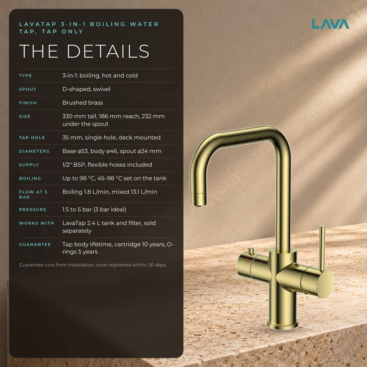 LavaTap brushed brass 3-in-1 D neck boiling water tap: specifications