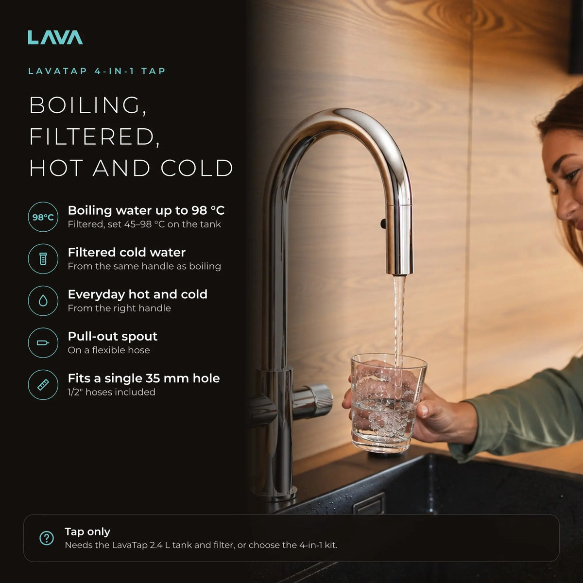 LavaTap chrome 4-in-1 pull-out boiling water tap: boiling, hot and cold water from one tap