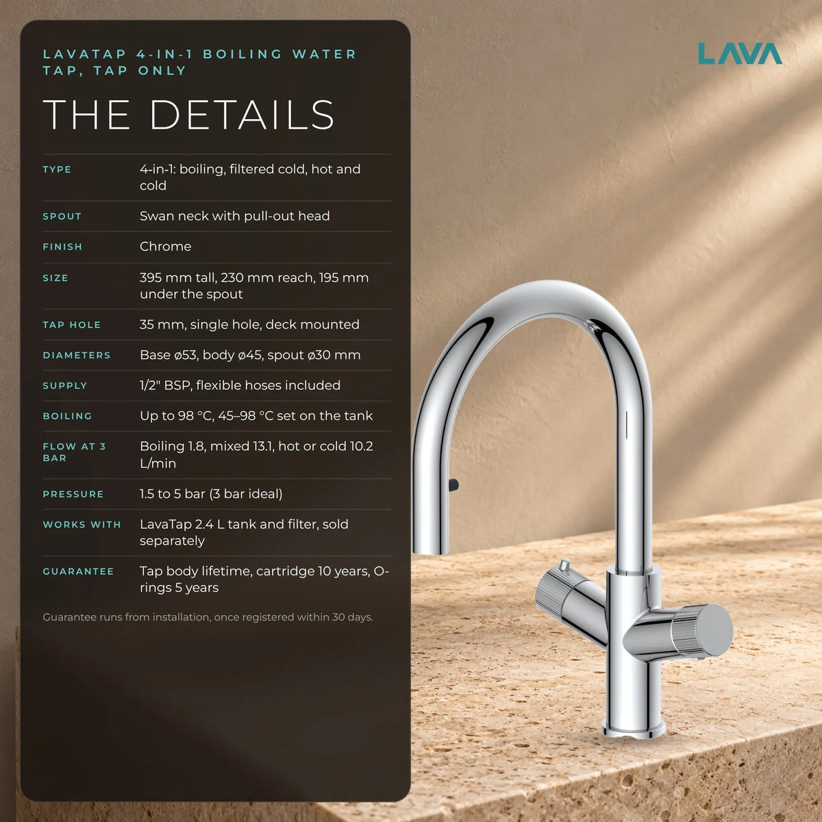 LavaTap chrome 4-in-1 pull-out boiling water tap: specifications