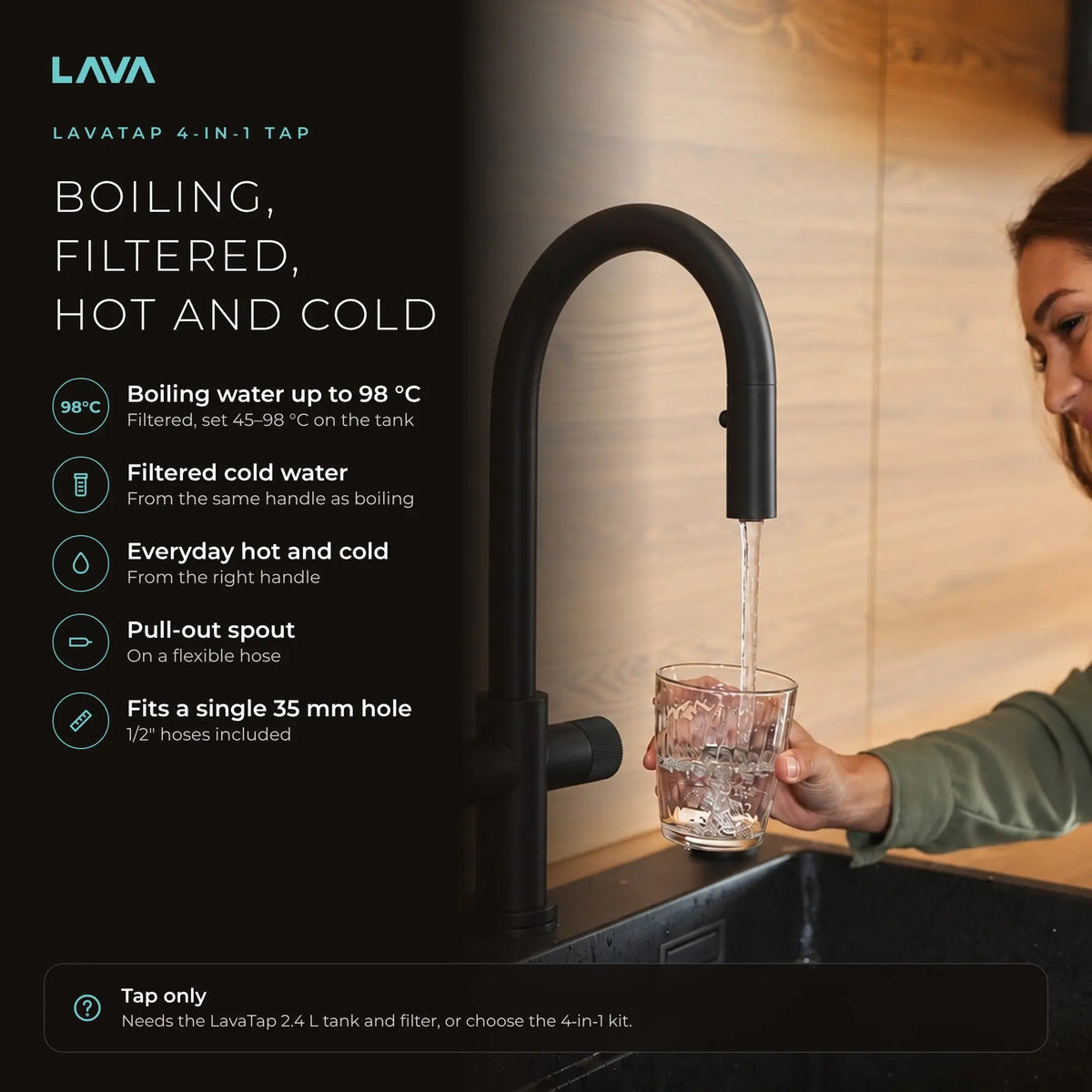 LavaTap black 4-in-1 pull-out boiling water tap: boiling, hot and cold water from one tap