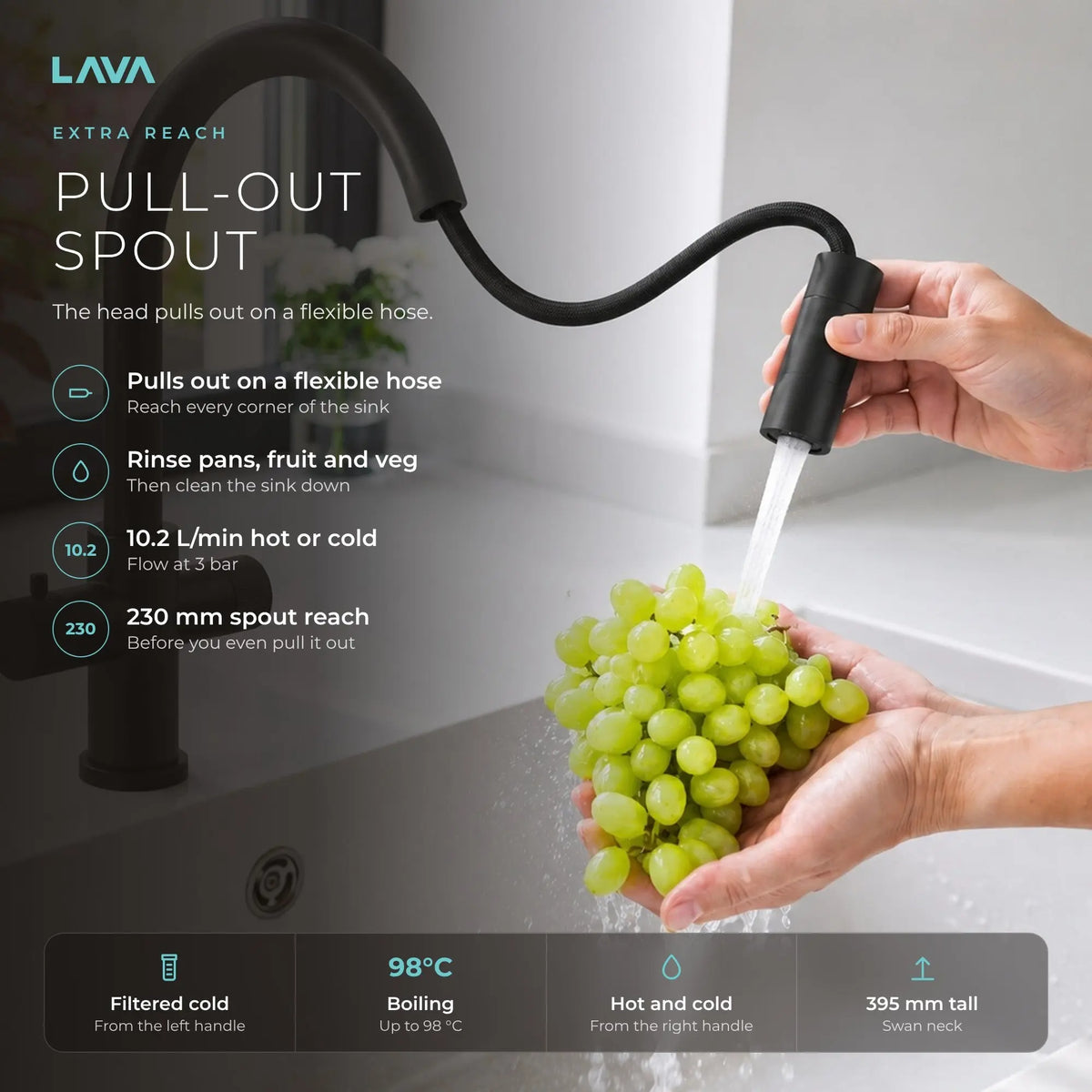 LavaTap black 4-in-1 pull-out boiling water tap: pull-out spray hose