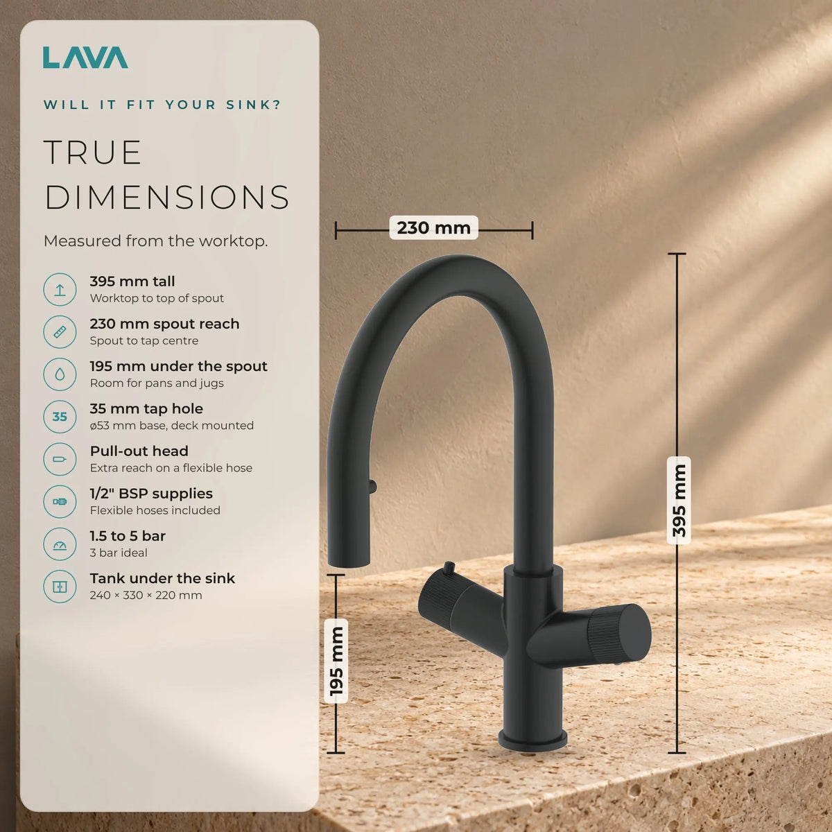LavaTap black 4-in-1 pull-out boiling water tap: size and dimensions