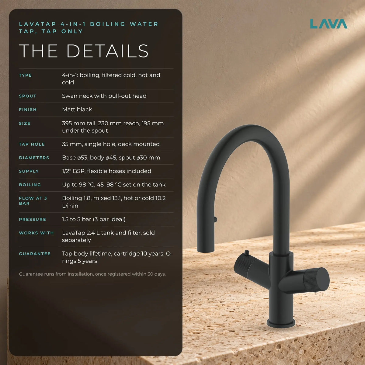 LavaTap black 4-in-1 pull-out boiling water tap: specifications