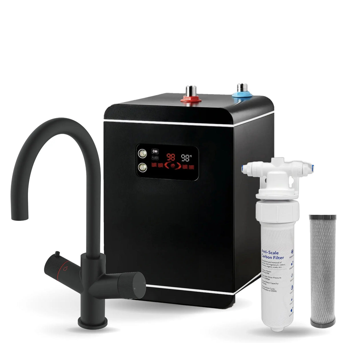 LavaTap black 3-in-1 swan neck boiling water tap kit with tank and filter: tap, 2.4 L tank and filter