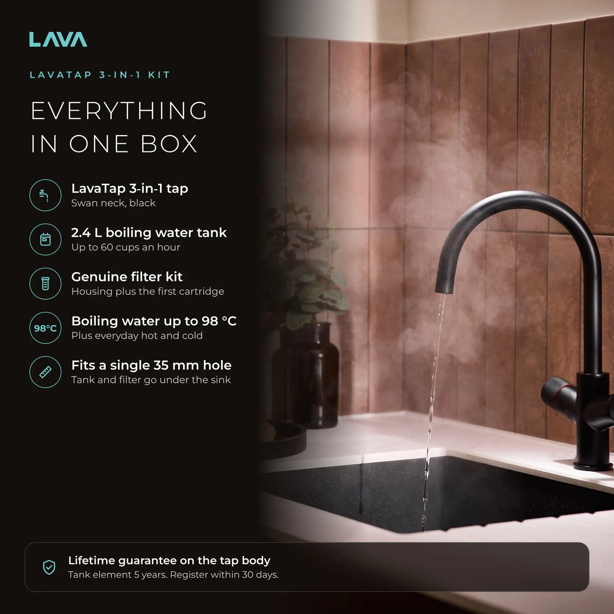 LavaTap black 3-in-1 swan neck boiling water tap kit with tank and filter: boiling, hot and cold water from one tap
