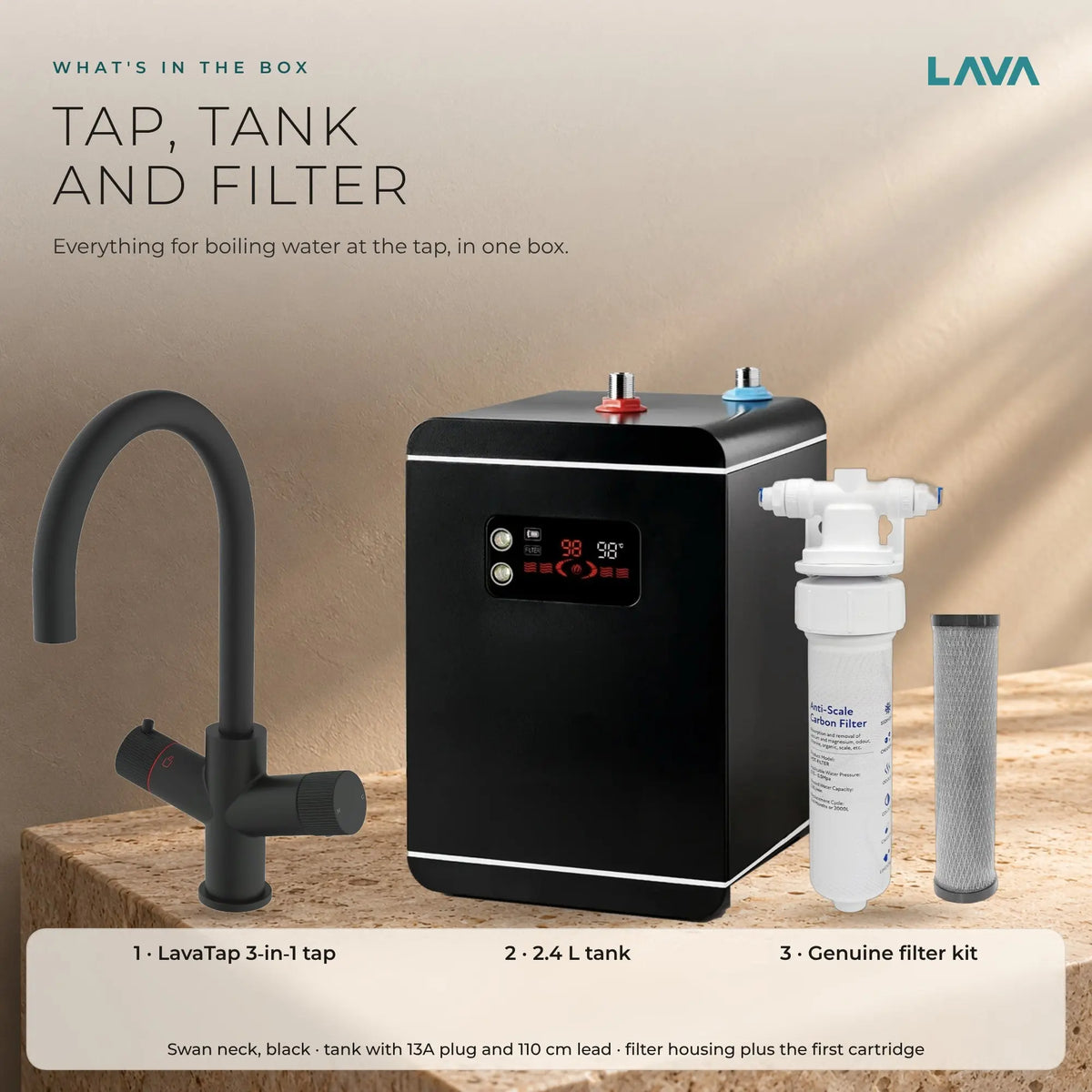 LavaTap black 3-in-1 swan neck boiling water tap kit with tank and filter: what is in the box
