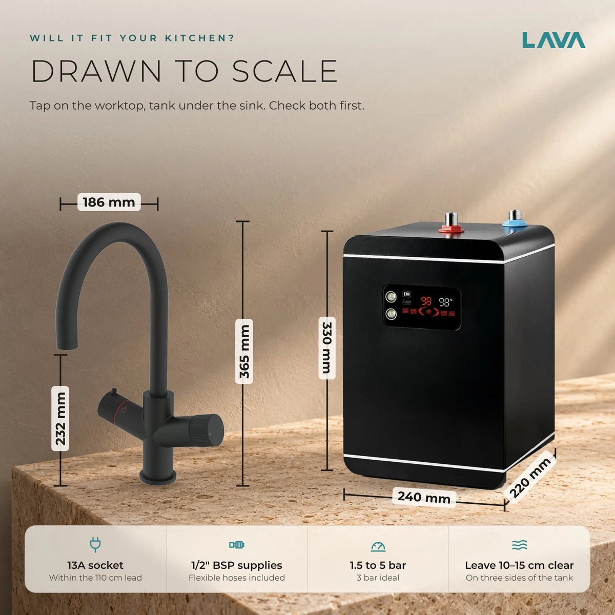 LavaTap black 3-in-1 swan neck boiling water tap kit with tank and filter: size and dimensions
