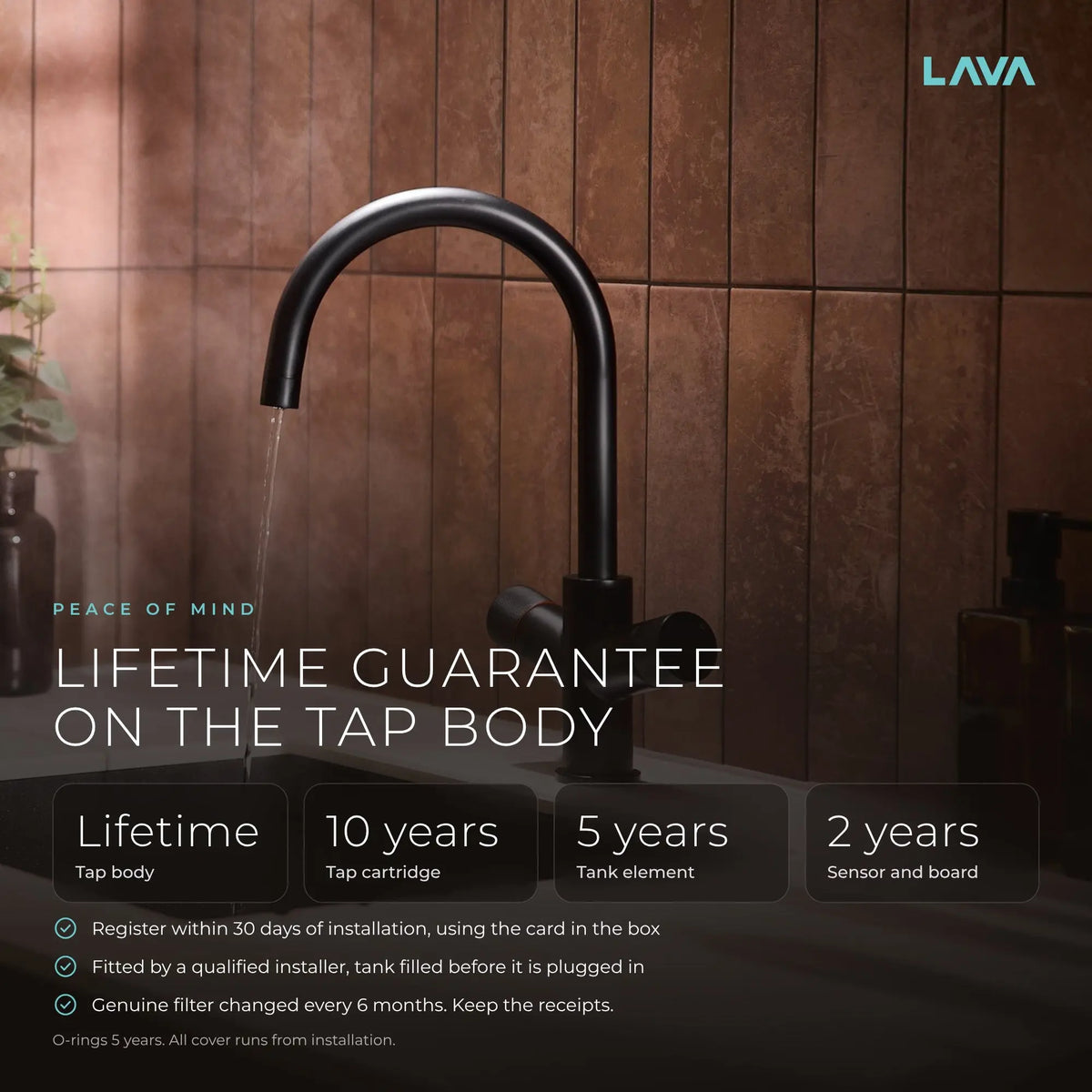 LavaTap black 3-in-1 swan neck boiling water tap kit with tank and filter: guarantee