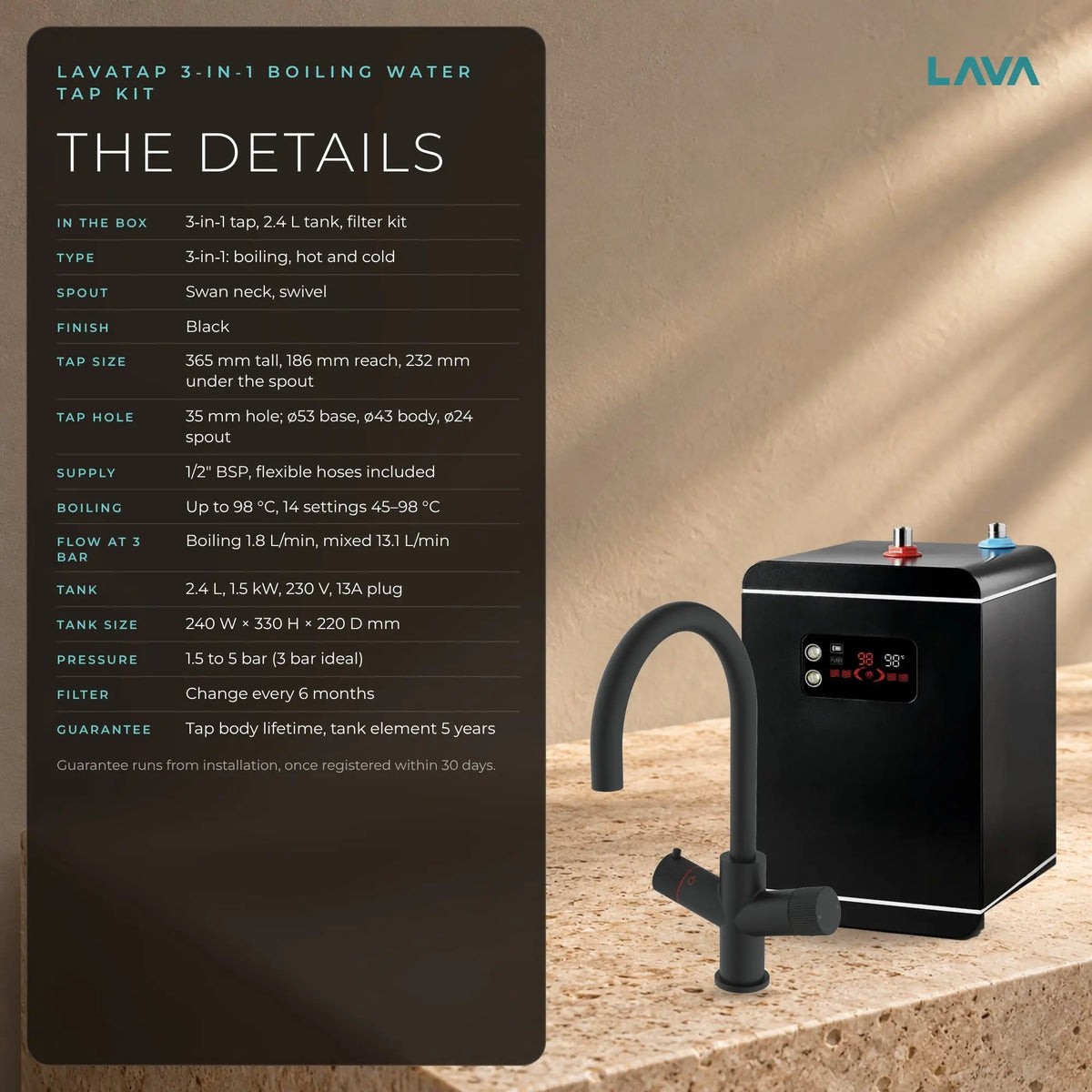 LavaTap black 3-in-1 swan neck boiling water tap kit with tank and filter: specifications