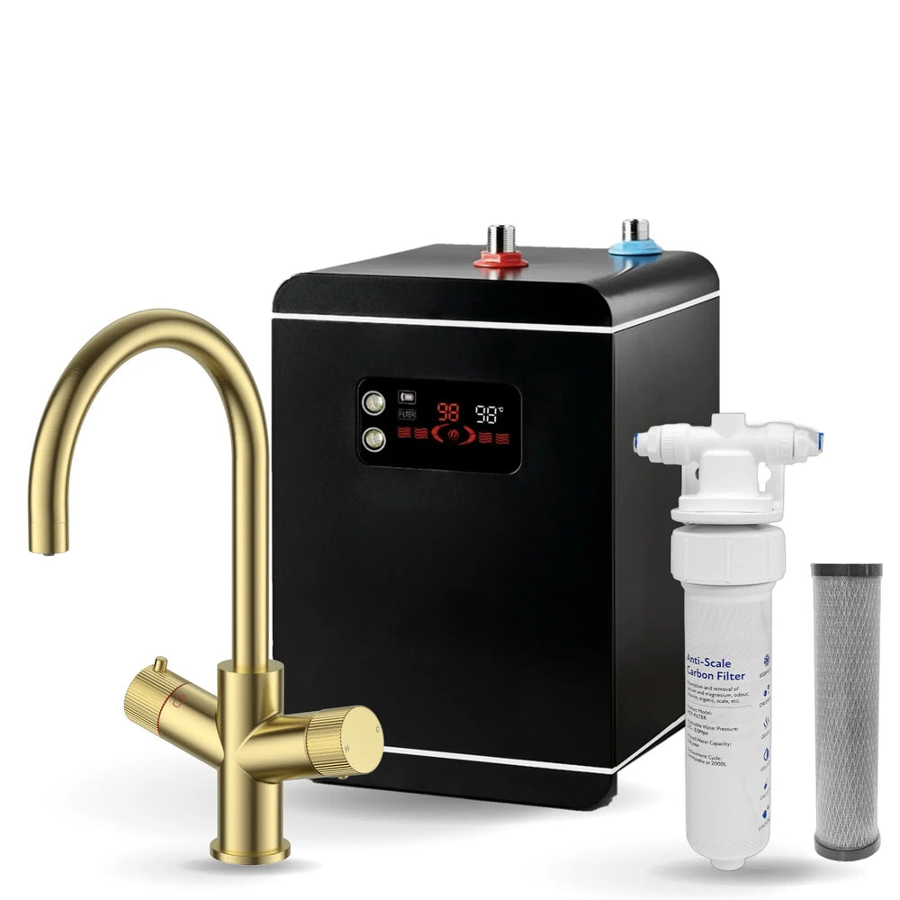 LavaTap brushed brass 3-in-1 swan neck boiling water tap kit with tank and filter: tap, 2.4 L tank and filter