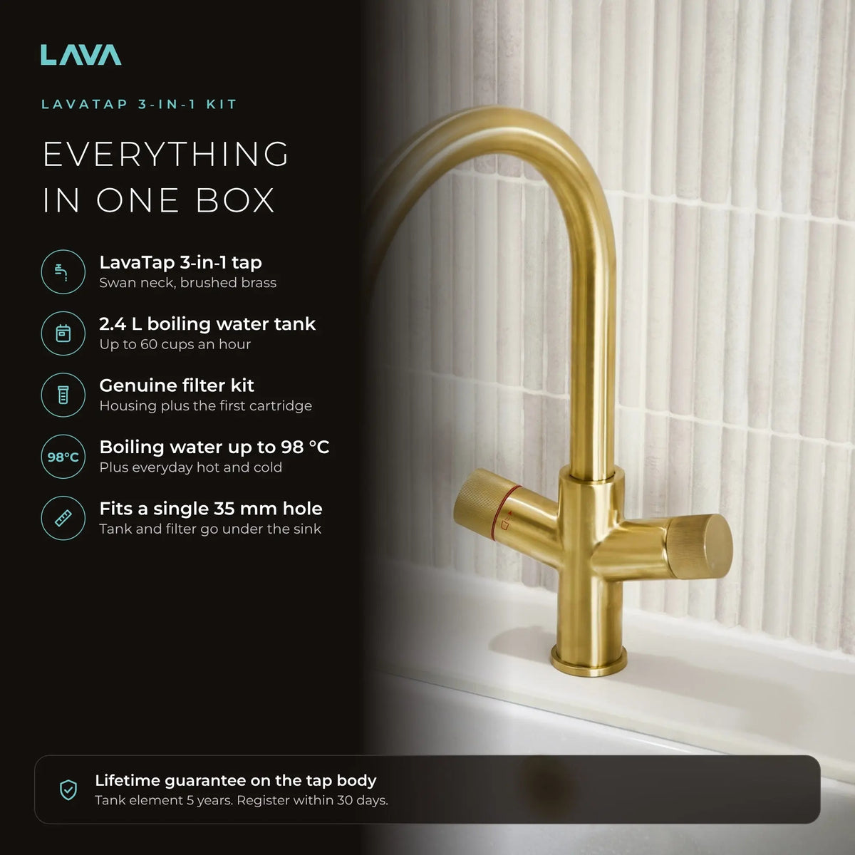 LavaTap brushed brass 3-in-1 swan neck boiling water tap kit with tank and filter: boiling, hot and cold water from one tap