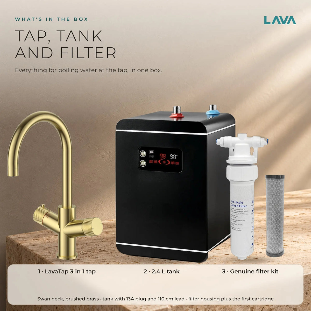 LavaTap brushed brass 3-in-1 swan neck boiling water tap kit with tank and filter: what is in the box