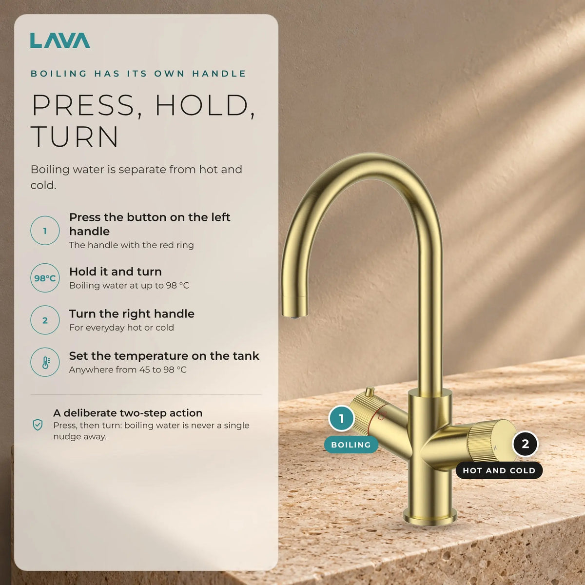 LavaTap brushed brass 3-in-1 swan neck boiling water tap kit with tank and filter: how to use the handles