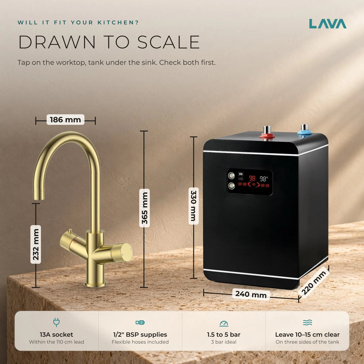 LavaTap brushed brass 3-in-1 swan neck boiling water tap kit with tank and filter: size and dimensions