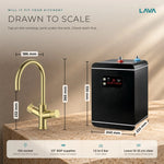 LavaTap brushed brass 3-in-1 swan neck boiling water tap kit with tank and filter: size and dimensions