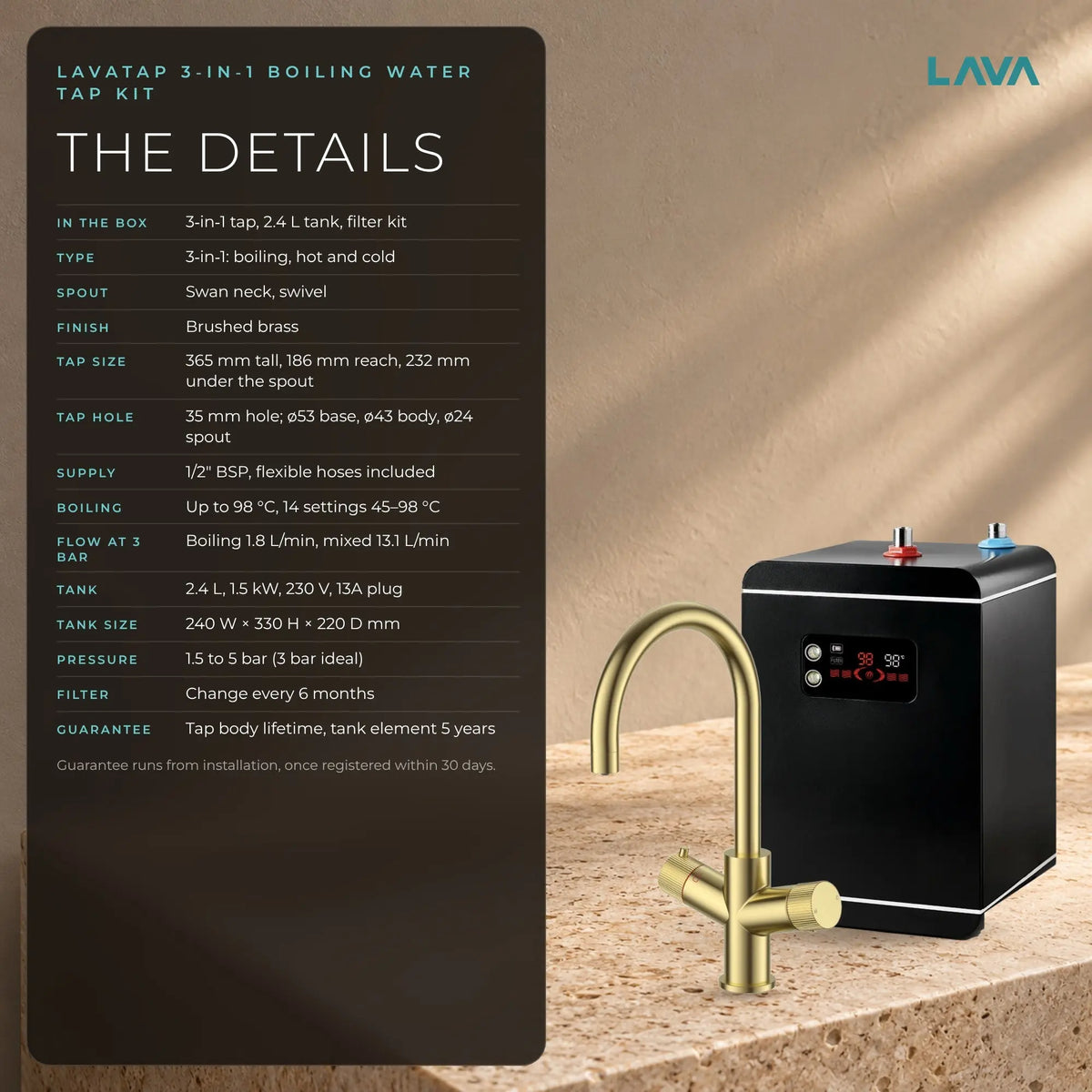 LavaTap brushed brass 3-in-1 swan neck boiling water tap kit with tank and filter: specifications