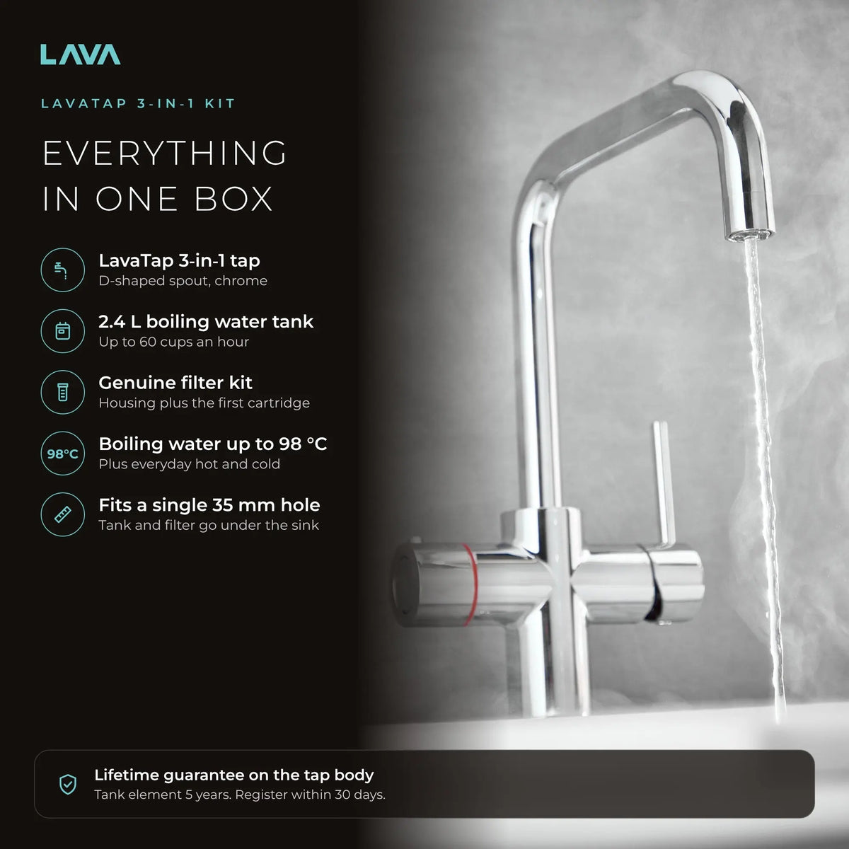 LavaTap chrome 3-in-1 D neck boiling water tap kit with tank and filter: boiling, hot and cold water from one tap