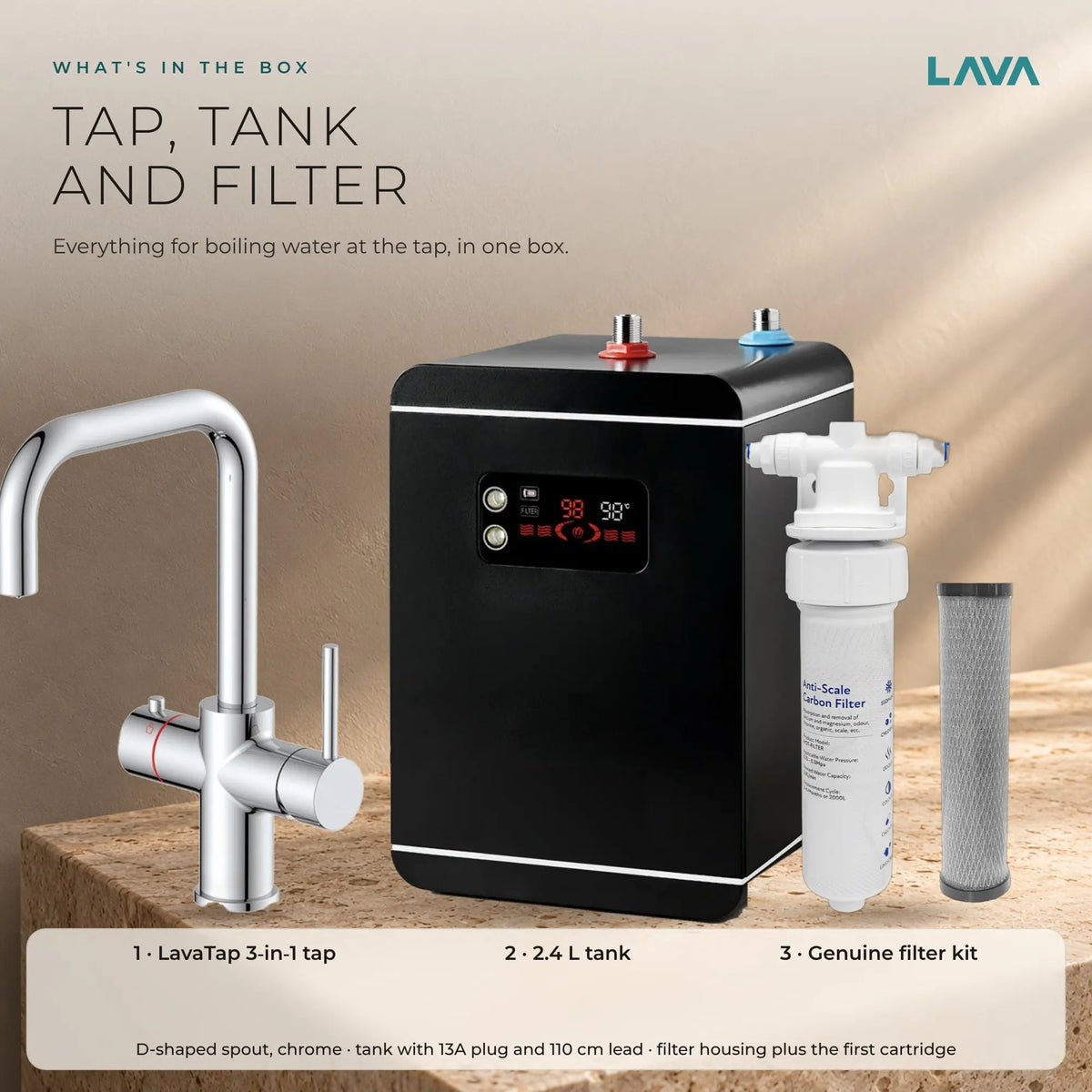 LavaTap chrome 3-in-1 D neck boiling water tap kit with tank and filter: what is in the box