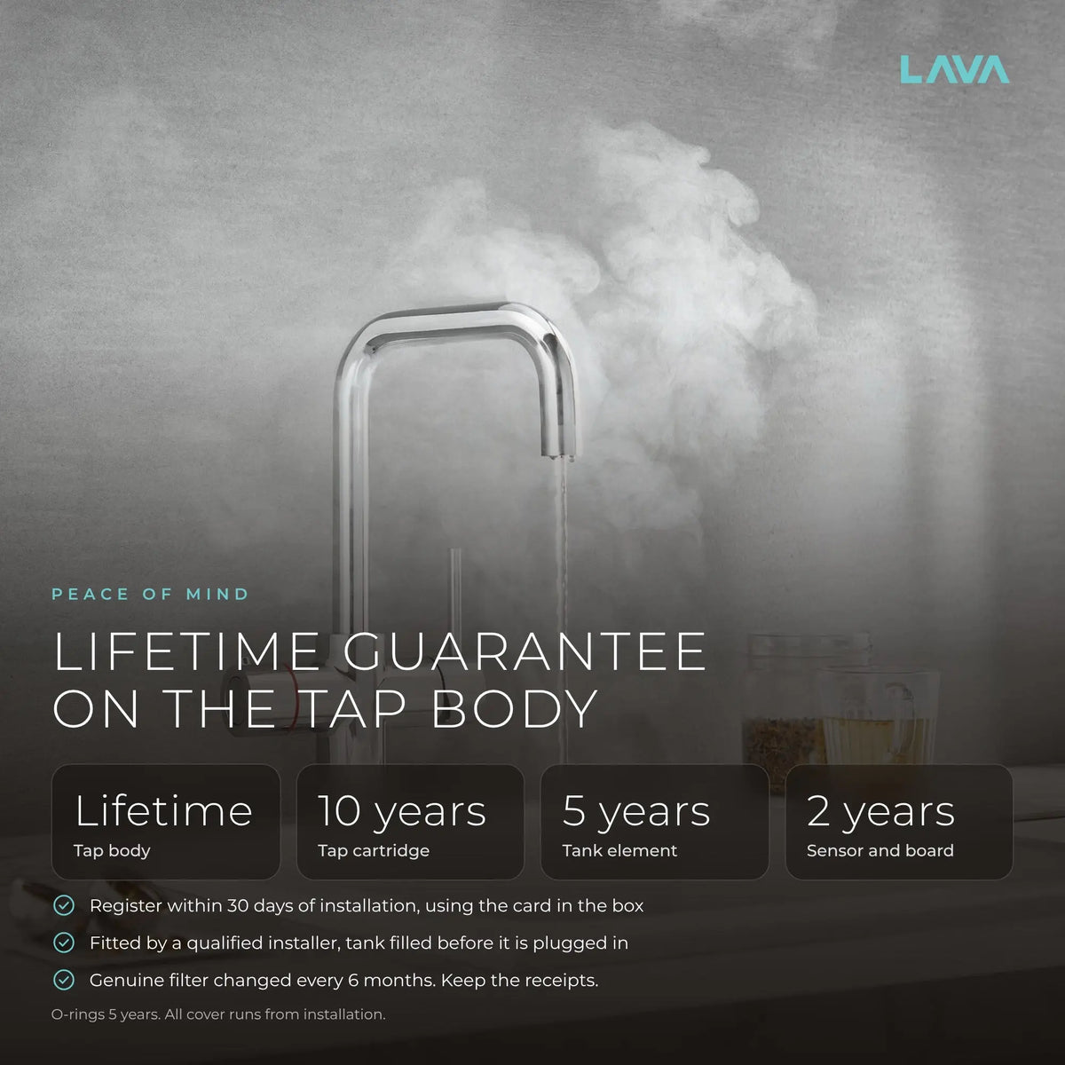 LavaTap chrome 3-in-1 D neck boiling water tap kit with tank and filter: guarantee