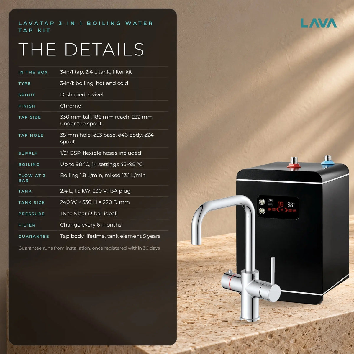 LavaTap chrome 3-in-1 D neck boiling water tap kit with tank and filter: specifications