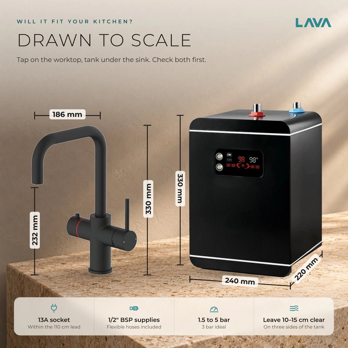 LavaTap black 3-in-1 D neck boiling water tap kit with tank and filter: size and dimensions
