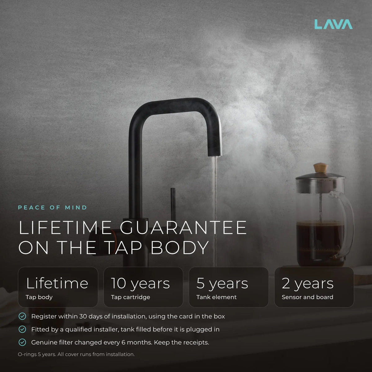 LavaTap black 3-in-1 D neck boiling water tap kit with tank and filter: guarantee