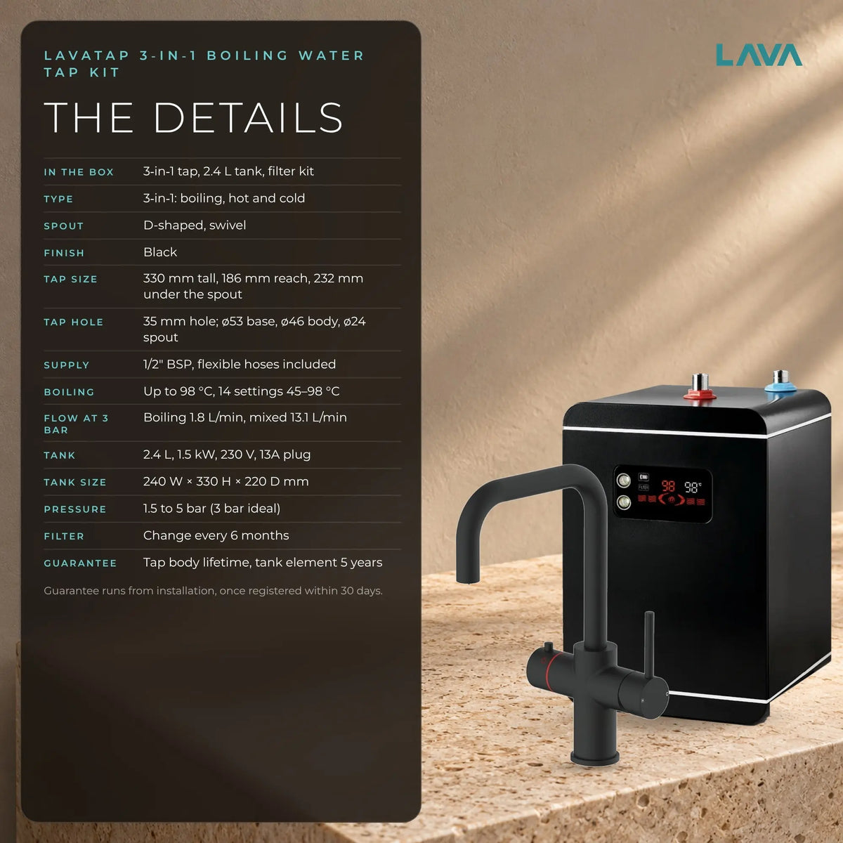 LavaTap black 3-in-1 D neck boiling water tap kit with tank and filter: specifications