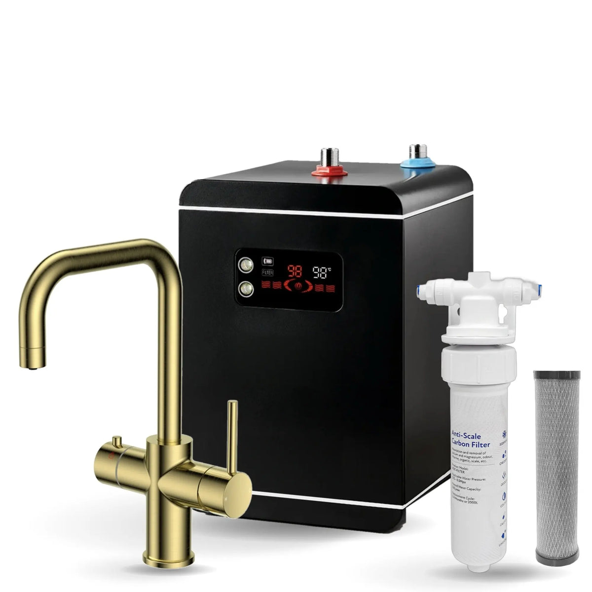 LavaTap brushed brass 3-in-1 D neck boiling water tap kit with tank and filter: tap, 2.4 L tank and filter