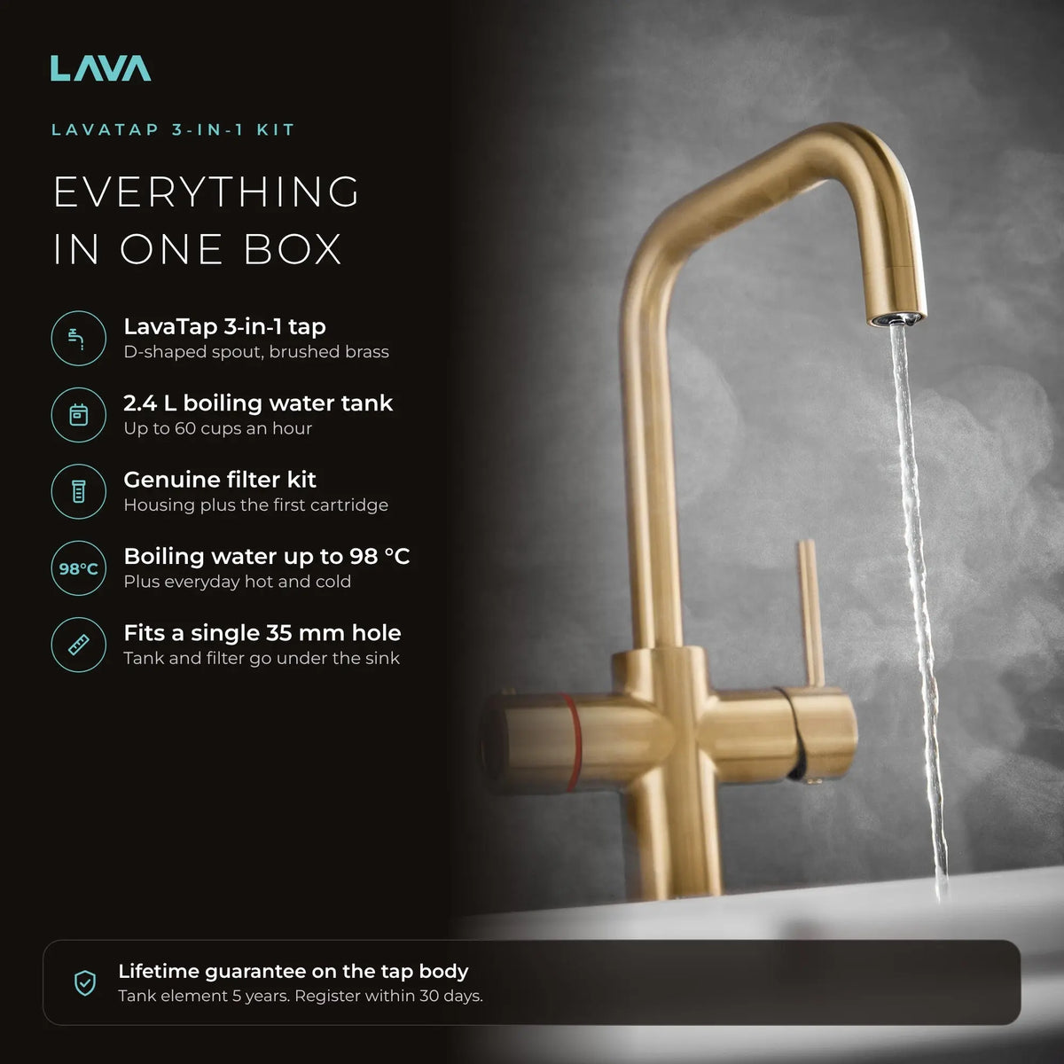 LavaTap brushed brass 3-in-1 D neck boiling water tap kit with tank and filter: boiling, hot and cold water from one tap