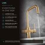 LavaTap brushed brass 3-in-1 D neck boiling water tap kit with tank and filter: boiling, hot and cold water from one tap