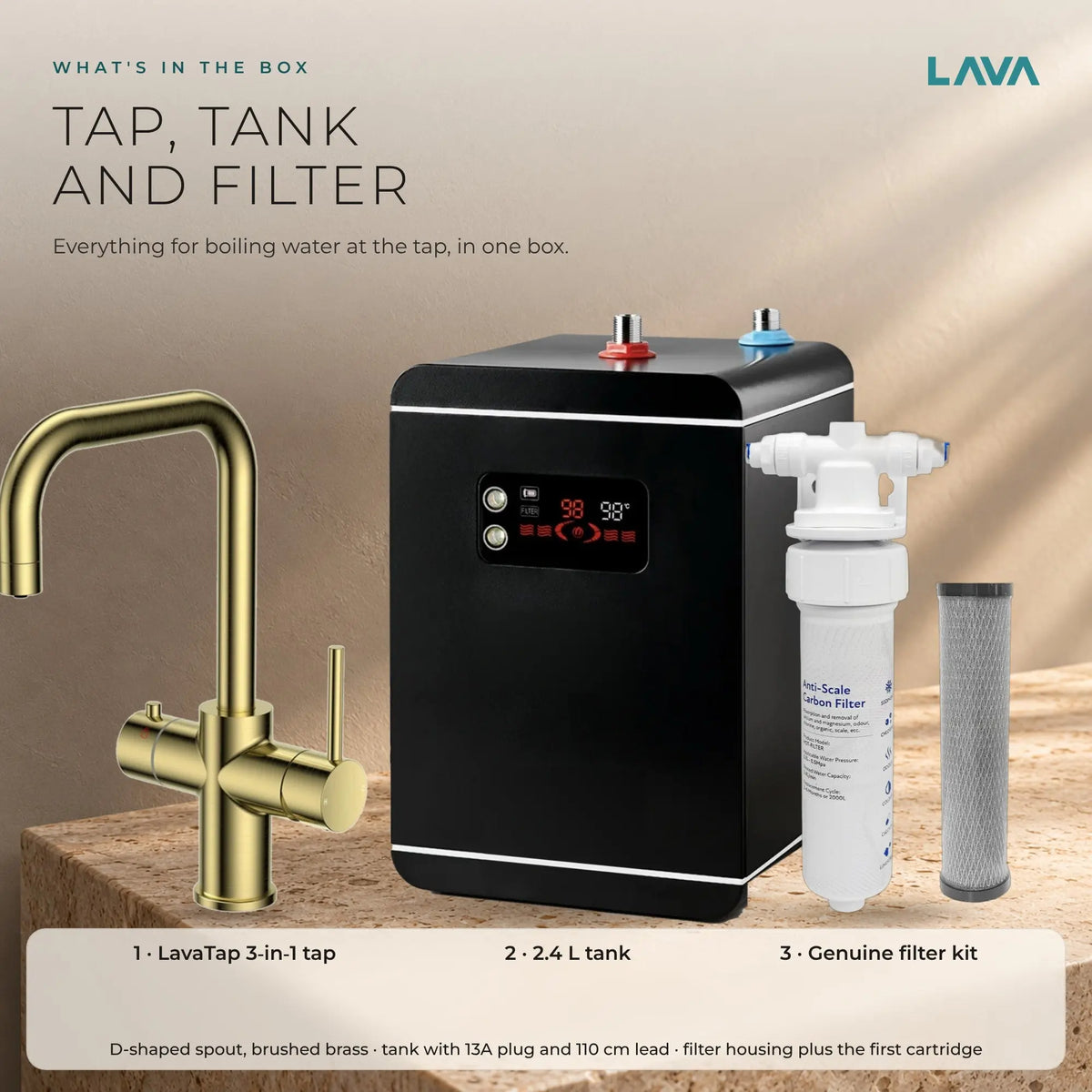 LavaTap brushed brass 3-in-1 D neck boiling water tap kit with tank and filter: what is in the box